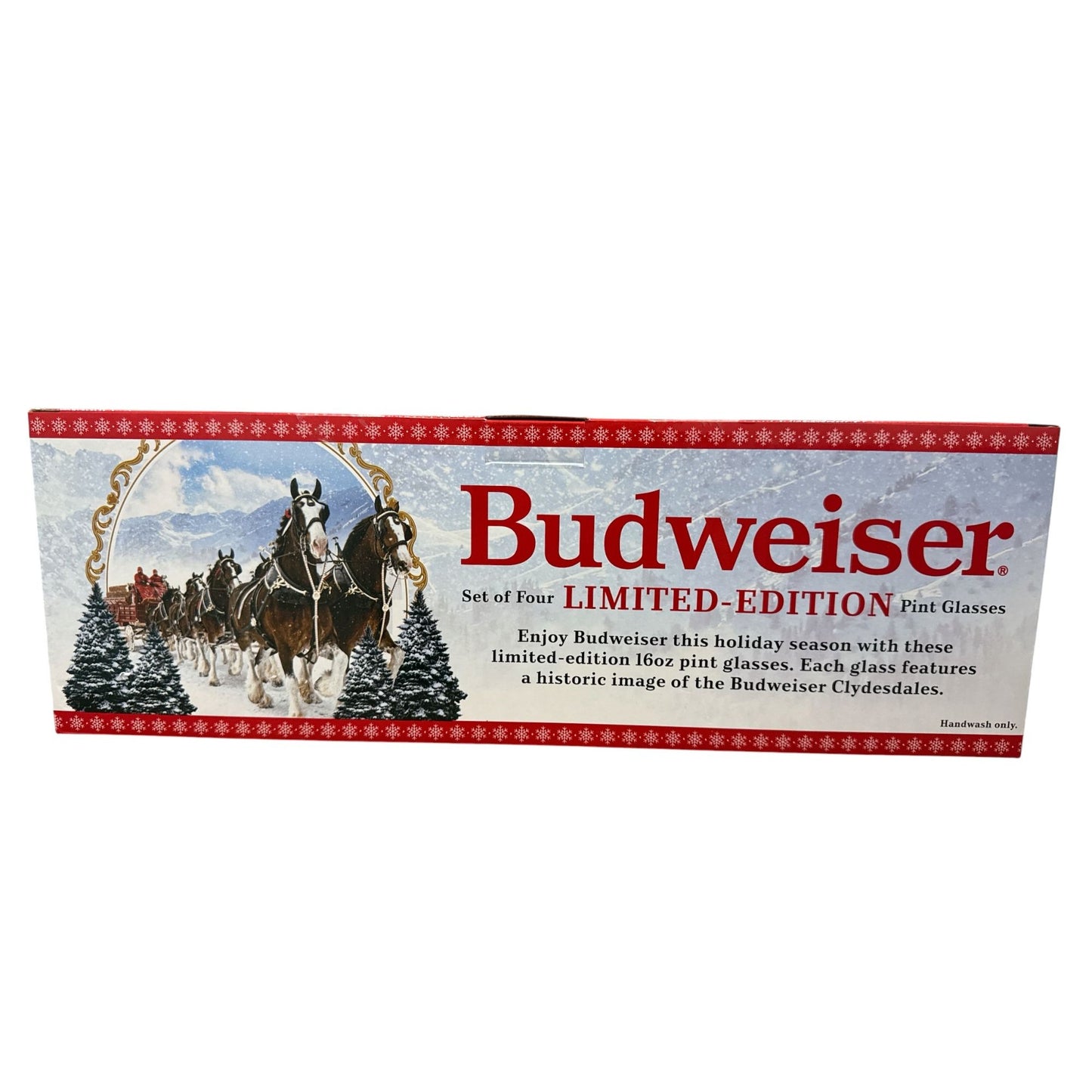Budweiser Limited-Edition Holiday 16oz Pint Glasses Set Of 4 Featuring Clydesdale Images Gift Boxed