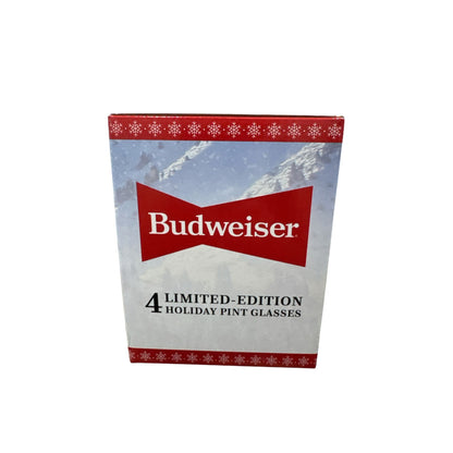 Budweiser Limited-Edition Holiday 16oz Pint Glasses Set Of 4 Featuring Clydesdale Images Gift Boxed