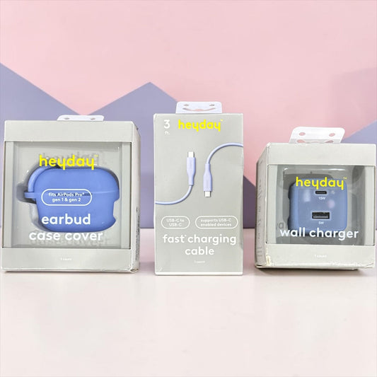 Heyday Earbud Case Cover, USB-C Fast Charging Cable & Wall Charger Set - Blue