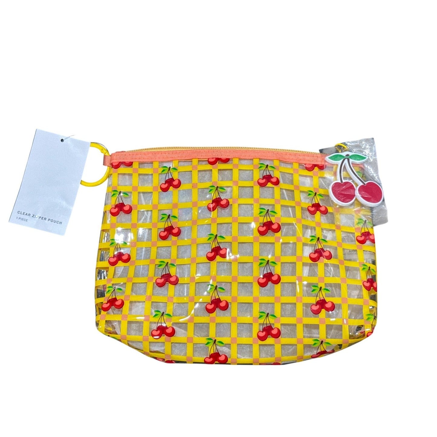 Clear Cherry-Print Zipper Pouch With Yellow Grid Zipper & Cherry Charm