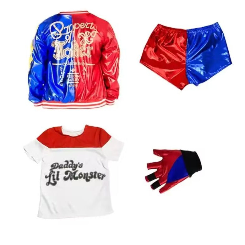 Harley Quinn Girls Costume Set Daddys Lil Monster Shirt Jacket Shorts Gloves M