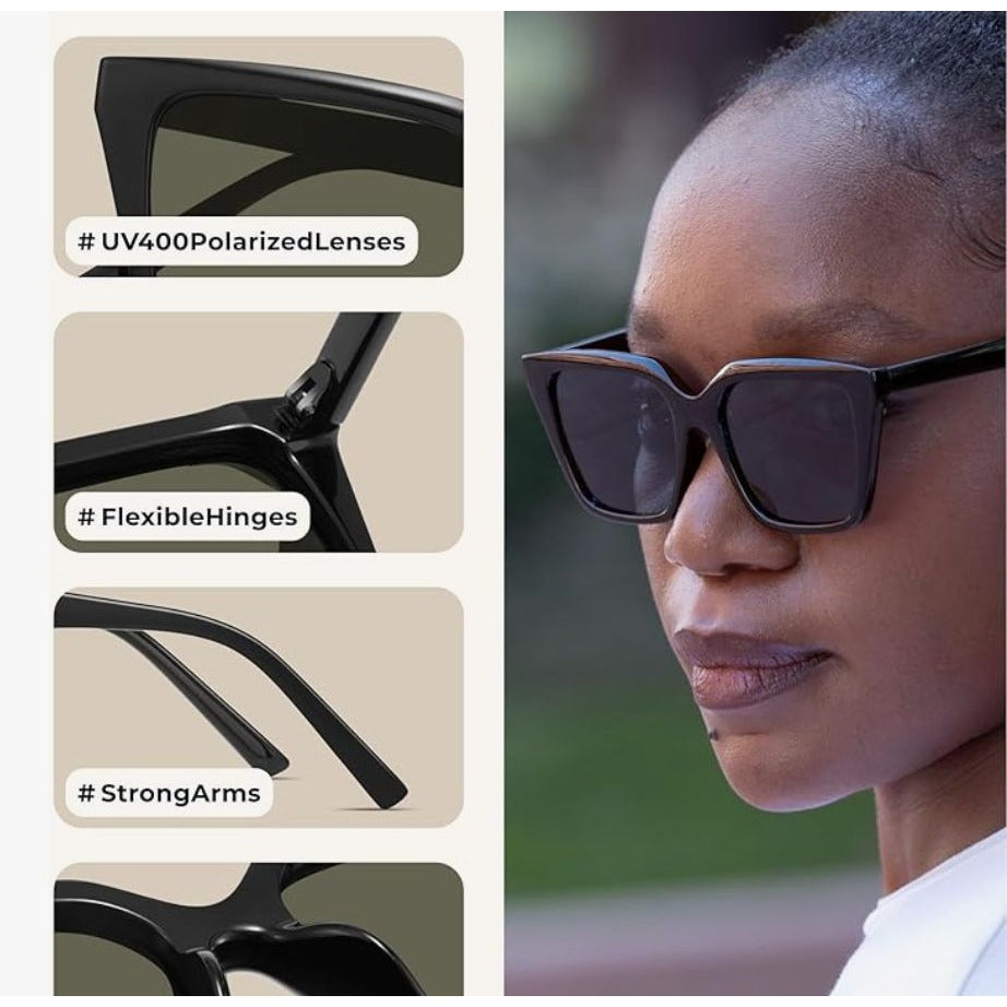 Oversized Polarized UV400 Sunglasses For Women Black Square Frame Timeless Design