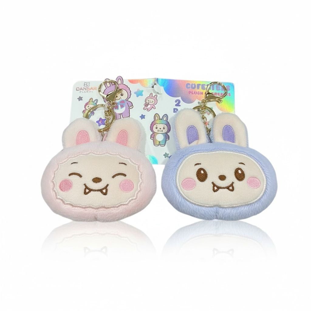Cute Bunny Plush Keychain Set - Pink & Blue Danbar Korea Soft Fuzzy Material Adorable Smiling Faces Perfect For Bags & Keys