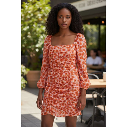 Nicole Miller Floral Print Ruched Long Sleeve Dress Square Neckline Size 10 Pink & Orange