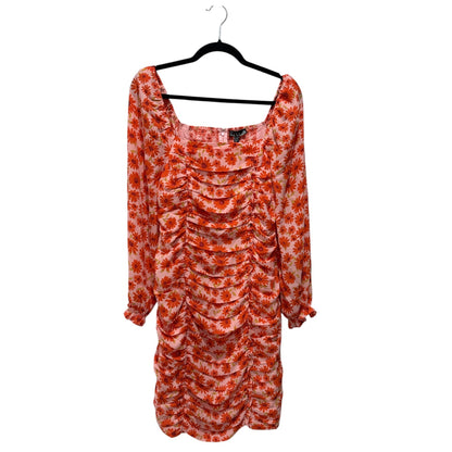 Nicole Miller Floral Print Ruched Long Sleeve Dress Square Neckline Size 10 Pink & Orange