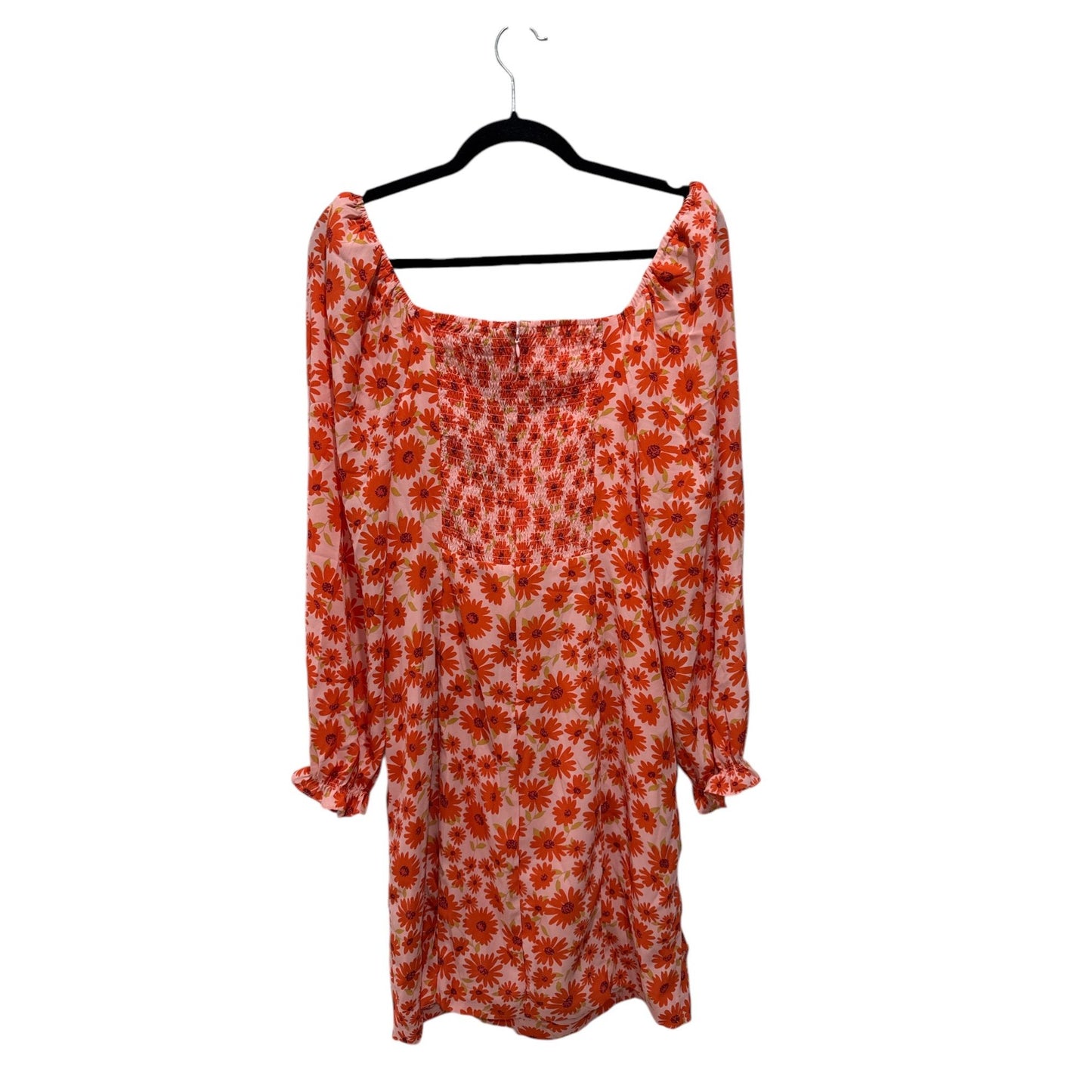 Nicole Miller Floral Print Ruched Long Sleeve Dress Square Neckline Size 10 Pink & Orange