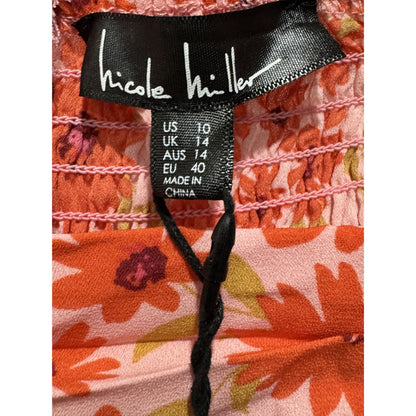Nicole Miller Floral Print Ruched Long Sleeve Dress Square Neckline Size 10 Pink & Orange