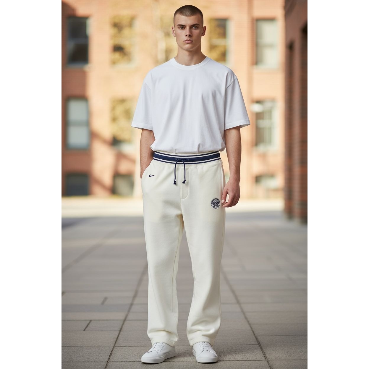 Nike Men's Athletic Track Pants XL With Embroidered Logo, Elastic Waistband & Drawstrings, White/Navy Cotton Blend
