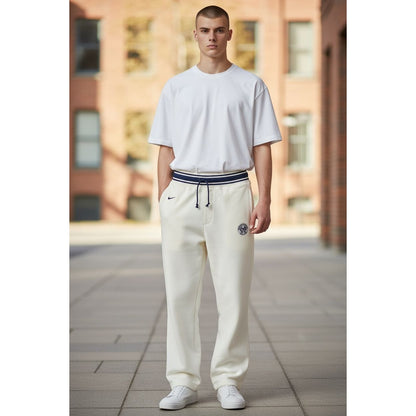 Nike Men's Athletic Track Pants XL With Embroidered Logo, Elastic Waistband & Drawstrings, White/Navy Cotton Blend