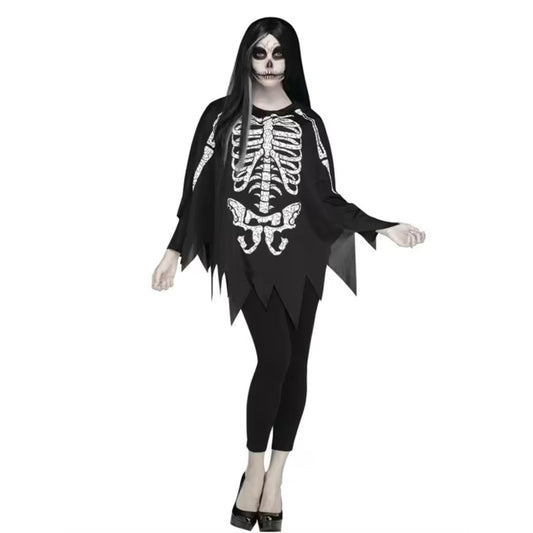 Skeleton Poncho Costume With Hood For Adults Black & White One Size Fits Most Size 4-14