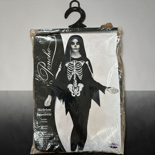 Skeleton Poncho Costume With Hood For Adults Black & White One Size Fits Most Size 4-14