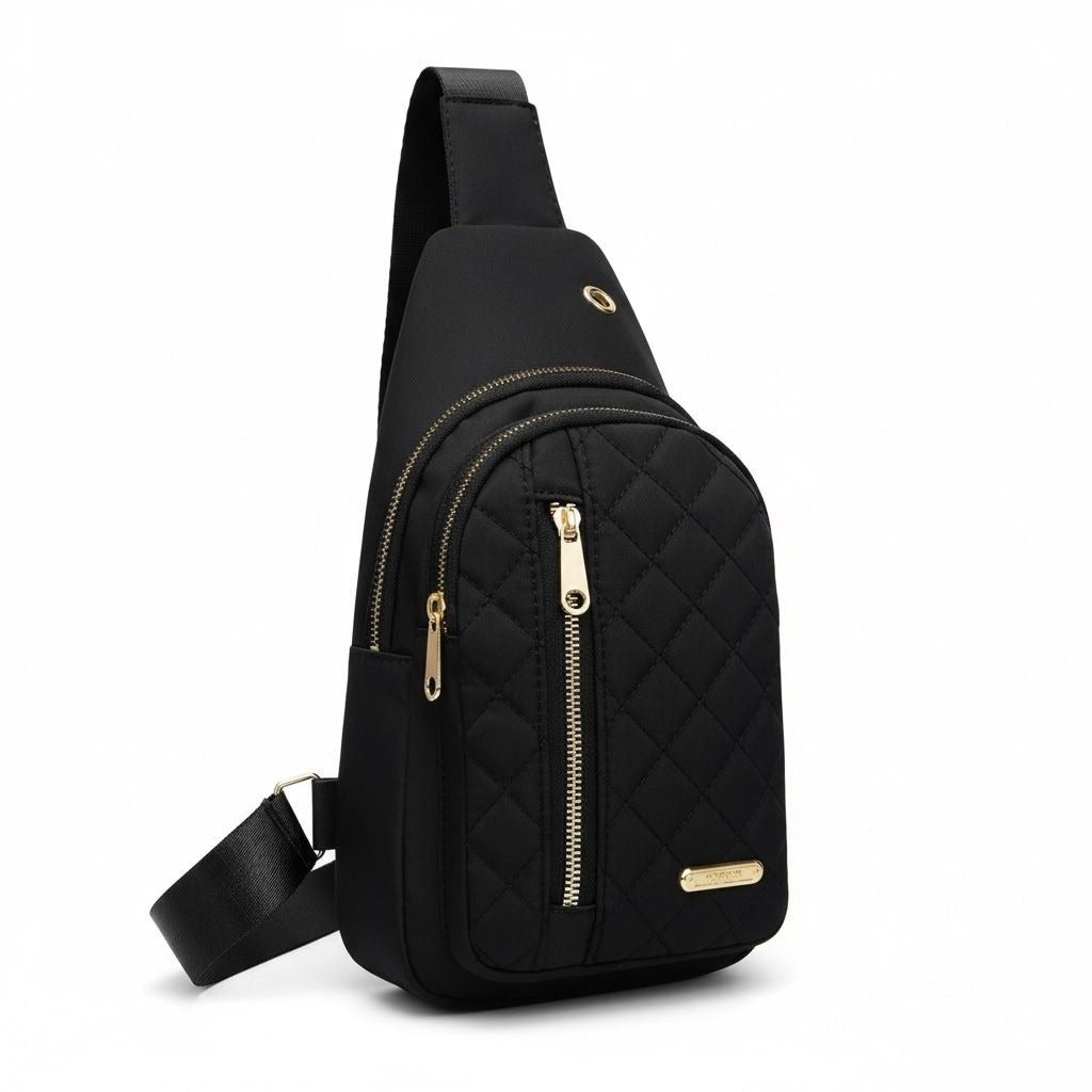 Quilted Black Nylon Sling Backpack With Gold Zippers & Adjustable Strap Lightweight & Compact For Travel Or Everyday Use