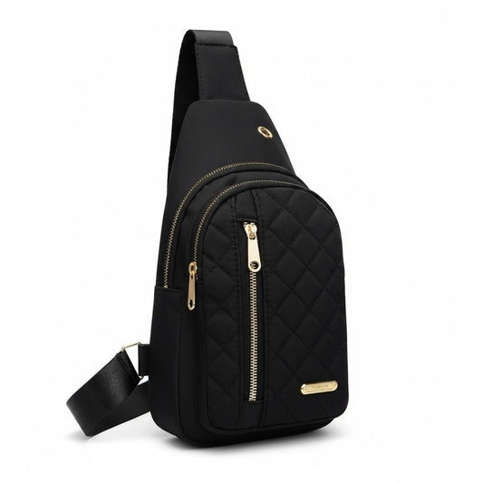 Quilted Black Nylon Sling Backpack With Gold Zippers & Adjustable Strap Lightweight & Compact For Travel Or Everyday Use