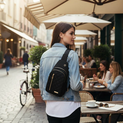Quilted Black Nylon Sling Backpack With Gold Zippers & Adjustable Strap Lightweight & Compact For Travel Or Everyday Use