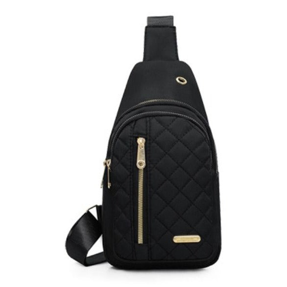 Quilted Black Nylon Sling Backpack With Gold Zippers & Adjustable Strap Lightweight & Compact For Travel Or Everyday Use