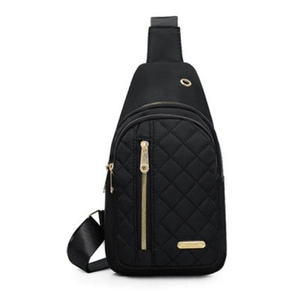 Quilted Black Nylon Sling Backpack With Gold Zippers & Adjustable Strap Lightweight & Compact For Travel Or Everyday Use