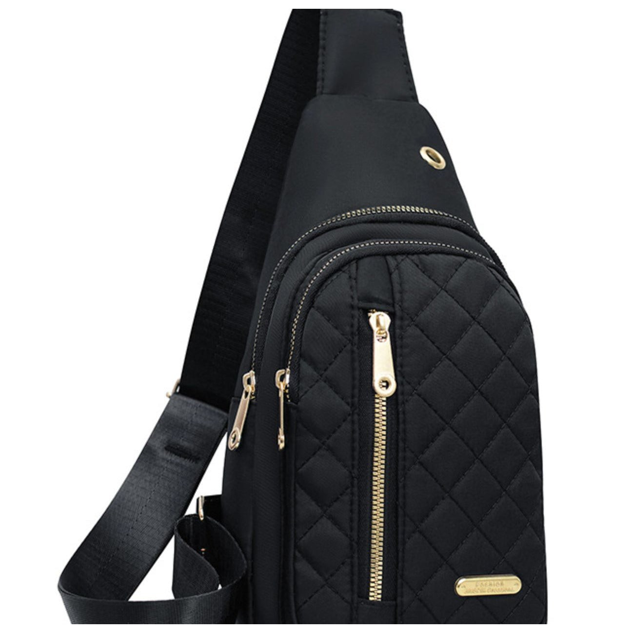 Quilted Black Nylon Sling Backpack With Gold Zippers & Adjustable Strap Lightweight & Compact For Travel Or Everyday Use
