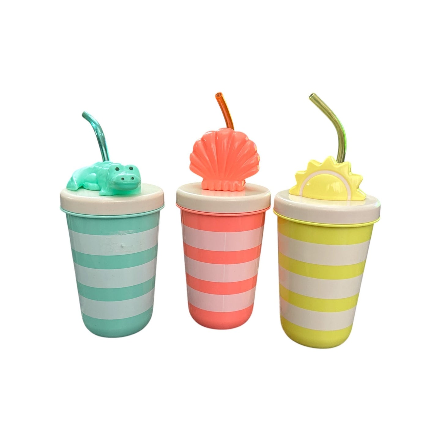 Set Of 3 Kids Striped Cups With Fun Animal & Beach-Themed Lids And Straws by Sun Squad