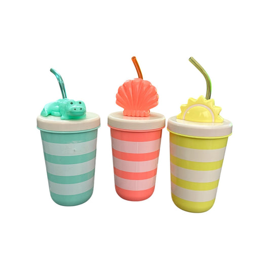 Set Of 3 Kids Striped Cups With Fun Animal & Beach-Themed Lids And Straws by Sun Squad