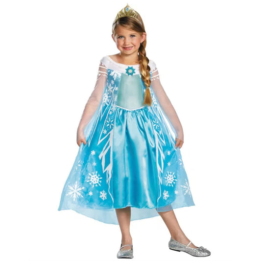 Disney Frozen Elsa Costume Dress With Tiara For Kids Size S 4-6X - Sparkling Blue Snowflake Design