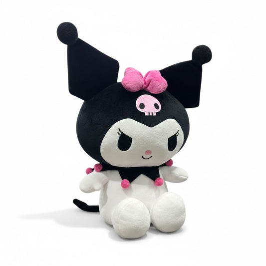 Kuromi Plush 16" Backpack With Adjustable Straps Soft Black & White Fabric Pink Bow Accent