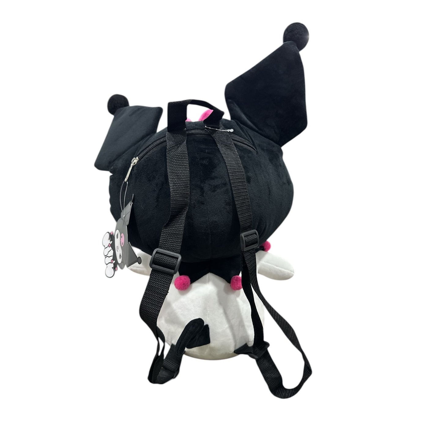 Kuromi Plush 16" Backpack With Adjustable Straps Soft Black & White Fabric Pink Bow Accent