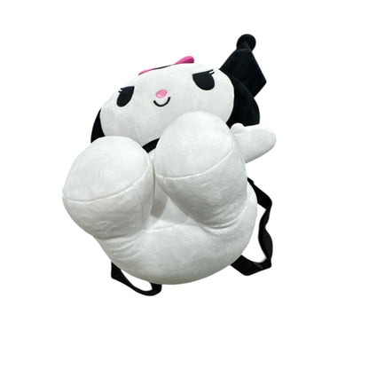 Kuromi Plush 16" Backpack With Adjustable Straps Soft Black & White Fabric Pink Bow Accent