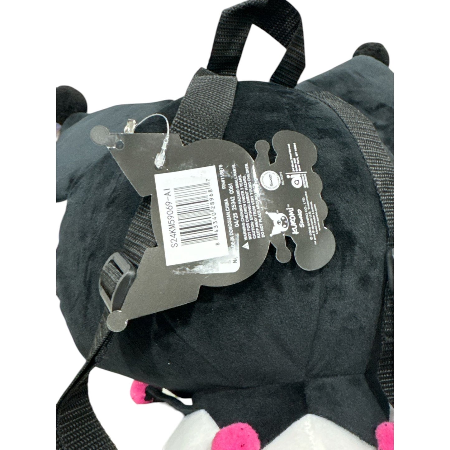 Kuromi Plush 16" Backpack With Adjustable Straps Soft Black & White Fabric Pink Bow Accent