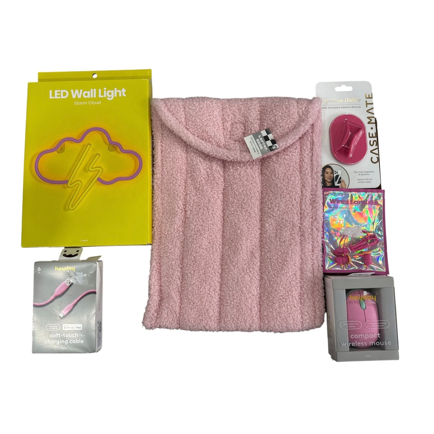 Pink Tech & Accessories Bundle LED Wall Light, 16-Inch Laptop Case, Compact Wireless Mouse, Charging Cable,  Earbuds, & Lip Gloss Holder