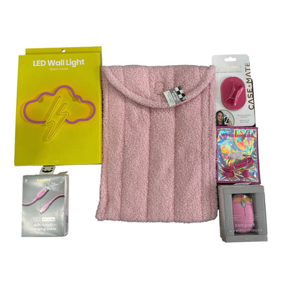 Pink Tech & Accessories Bundle LED Wall Light, 16-Inch Laptop Case, Compact Wireless Mouse, Charging Cable,  Earbuds, & Lip Gloss Holder