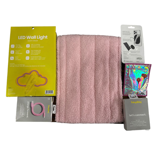Pink Tech & Accessories Bundle LED Wall Light, 16-Inch Laptop Case, Compact Wireless Mouse, Charging Cable,  Earbuds, & Lip Gloss Holder