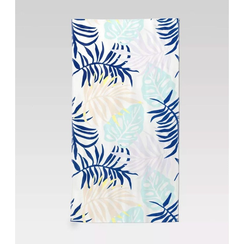 Sun Squad Tropical Print Cotton Beach Towel 32" X 62" Blue & Pastel Leaves Design