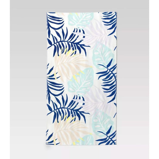 Sun Squad Tropical Print Cotton Beach Towel 32" X 62" Blue & Pastel Leaves Design