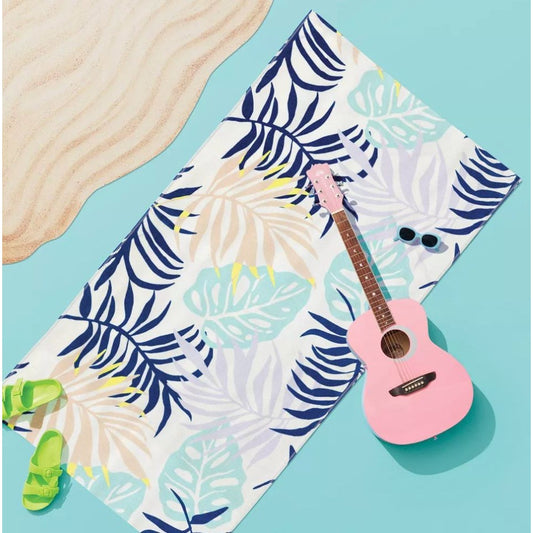 Sun Squad Tropical Print Cotton Beach Towel 32" X 62" Blue & Pastel Leaves Design