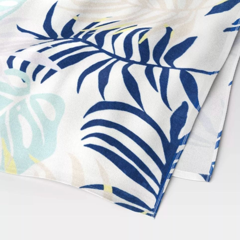 Sun Squad Tropical Print Cotton Beach Towel 32" X 62" Blue & Pastel Leaves Design