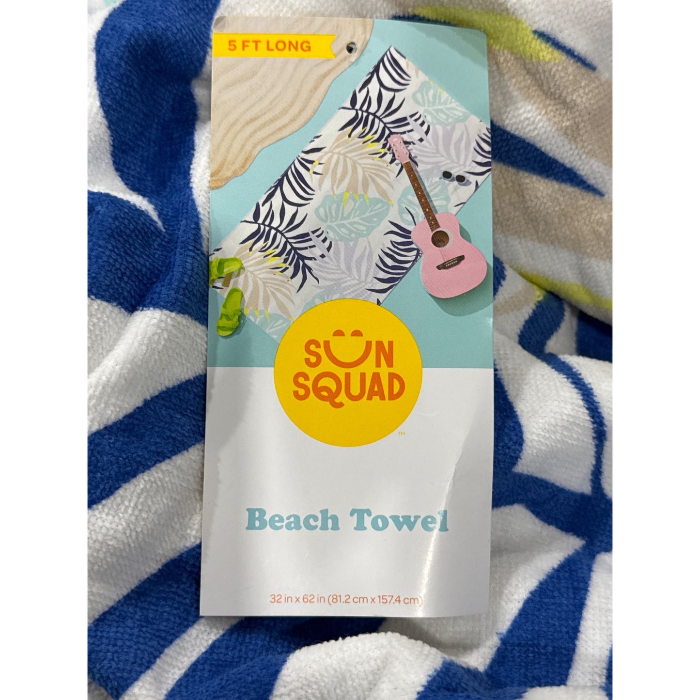 Sun Squad Tropical Print Cotton Beach Towel 32" X 62" Blue & Pastel Leaves Design