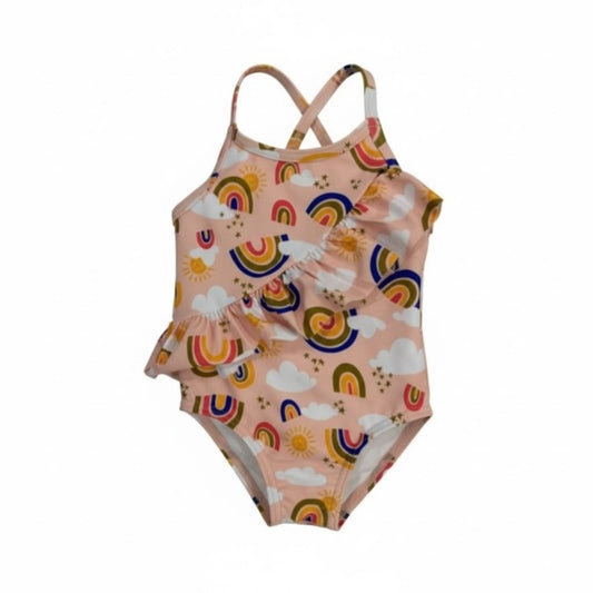 Tucker + Tate Pink Rainbow One-Piece Swimsuit Girls UPF 50+ Size 2 With Ruffle Accents