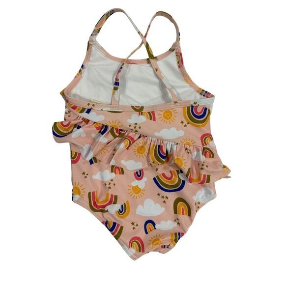 Tucker + Tate Pink Rainbow One-Piece Swimsuit Girls UPF 50+ Size 2 With Ruffle Accents