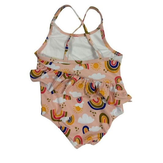 Tucker + Tate Pink Rainbow One-Piece Swimsuit Girls UPF 50+ Size 2 With Ruffle Accents
