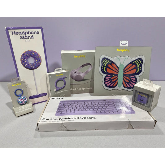 Lavender Desk Bundle: Wireless Keyboard, Headphones, Mouse Pad, Keychain, Charging Cable, Wall Charger & Headphone Stand