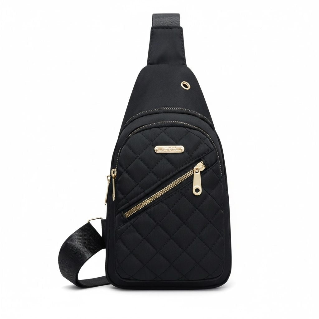 Quilted Black Nylon Crossbody Sling Bag With Gold Zippers & Adjustable Strap - Lightweight & Compact