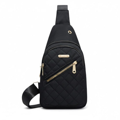 Quilted Black Nylon Crossbody Sling Bag With Gold Zippers & Adjustable Strap - Lightweight & Compact
