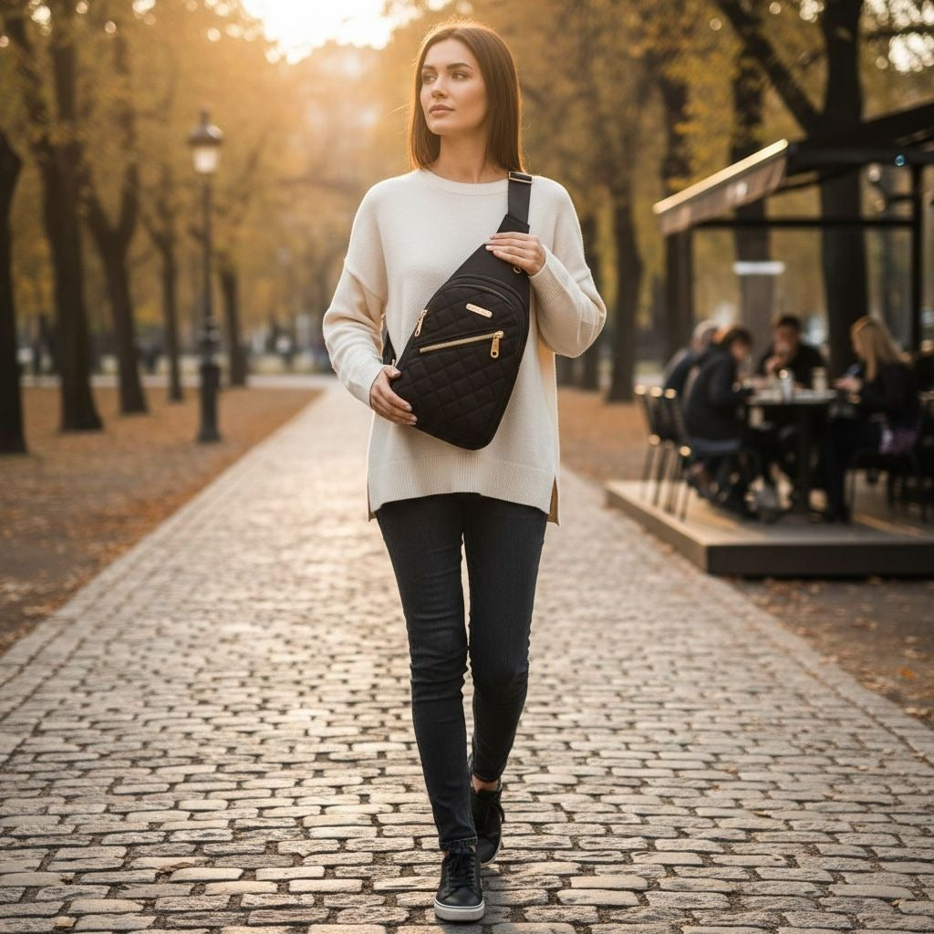 Quilted Black Nylon Crossbody Sling Bag With Gold Zippers & Adjustable Strap - Lightweight & Compact