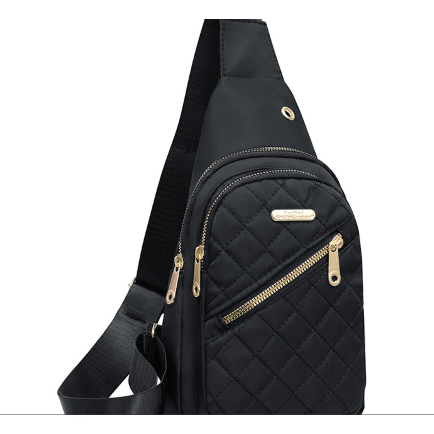 Quilted Black Nylon Crossbody Sling Bag With Gold Zippers & Adjustable Strap - Lightweight & Compact