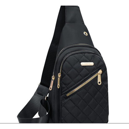 Quilted Black Nylon Crossbody Sling Bag With Gold Zippers & Adjustable Strap - Lightweight & Compact