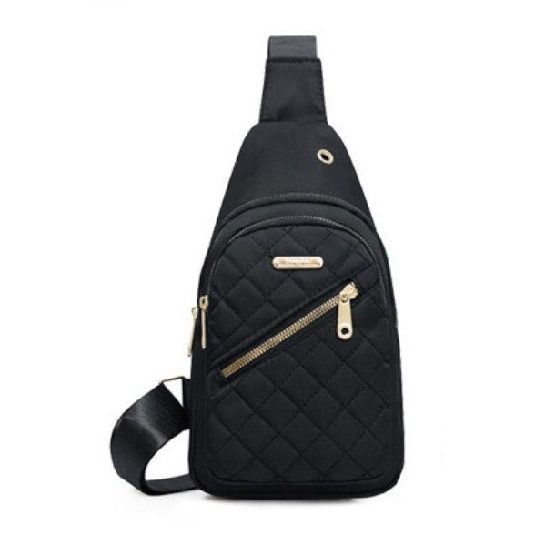 Quilted Black Nylon Crossbody Sling Bag With Gold Zippers & Adjustable Strap - Lightweight & Compact