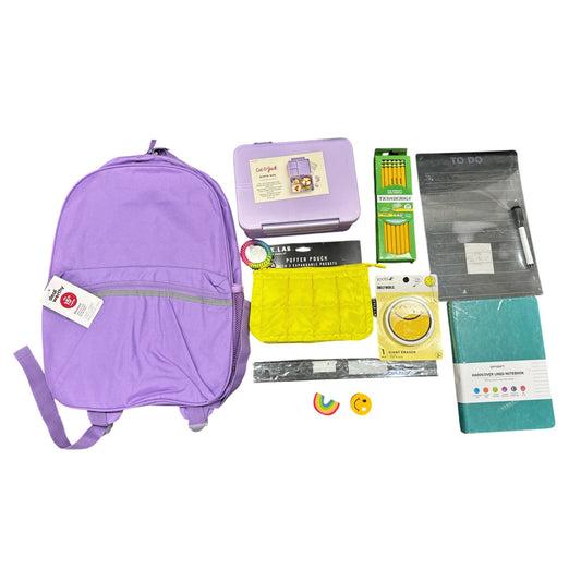 9 pcs. Back-To-School Supplies Set - Purple Backpack, Cat Jack Bento Box, Notebook, To-Do Board, Pencils, Eraser & More