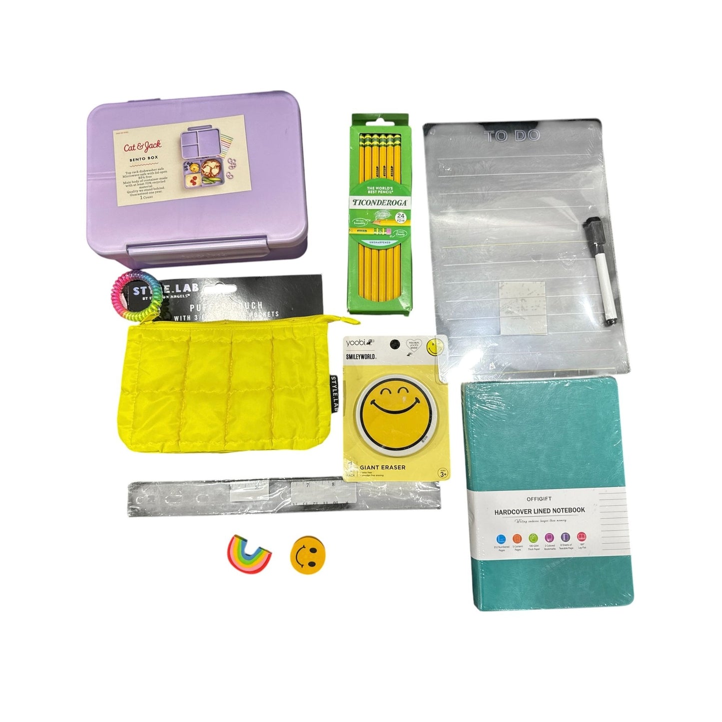 9 pcs. Back-To-School Supplies Set - Purple Backpack, Cat Jack Bento Box, Notebook, To-Do Board, Pencils, Eraser & More
