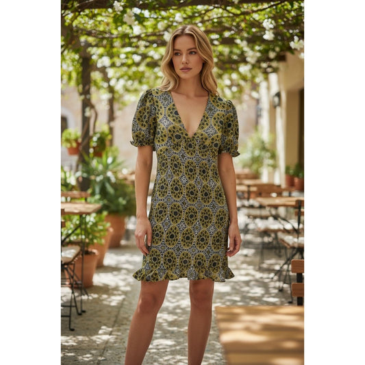 Area Stars Sustainable Puff Sleeve Mini Dress Yellow & Black Leopard Print M