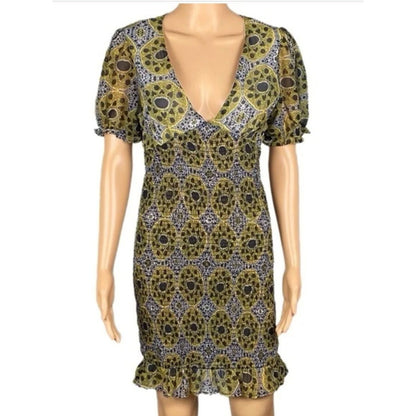 Area Stars Sustainable Puff Sleeve Mini Dress Yellow & Black Leopard Print M
